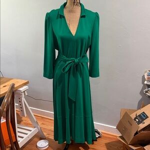 ME+EM Emerald Green Collared V-Neck Belted Midi Dress